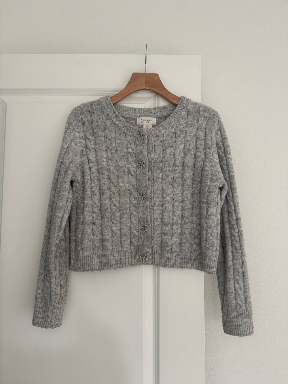 Jessica Simpson women’s grey cable knit bow button cardigan sweater size MEDIUM